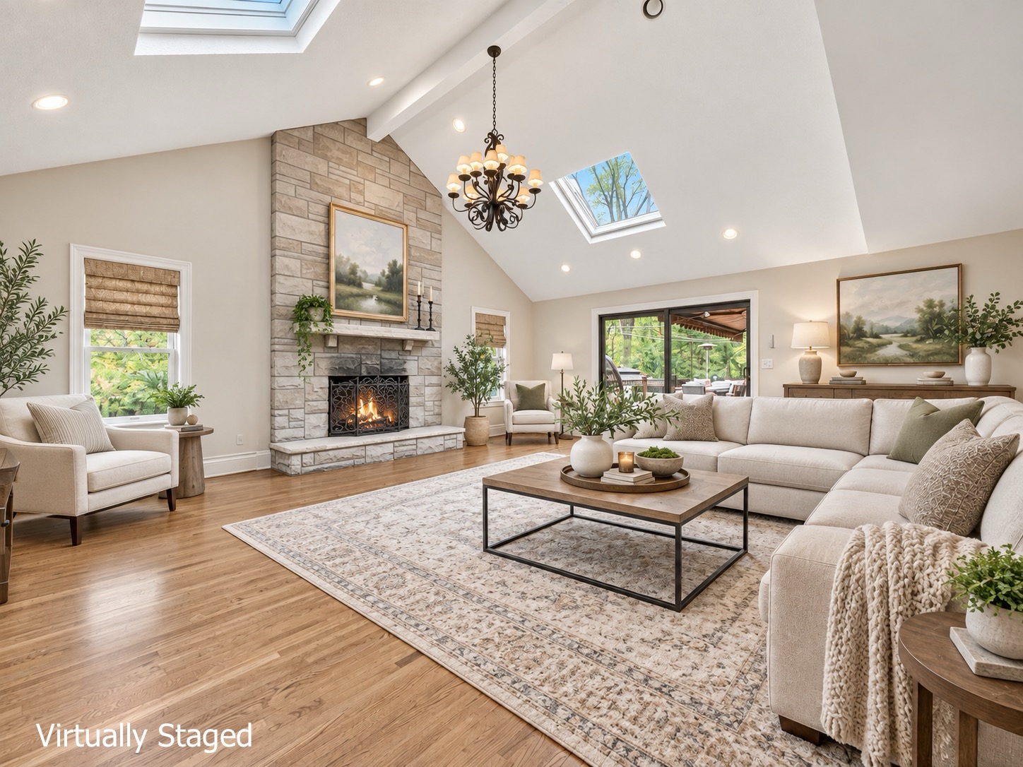 Virtually staged family room with stone fireplace