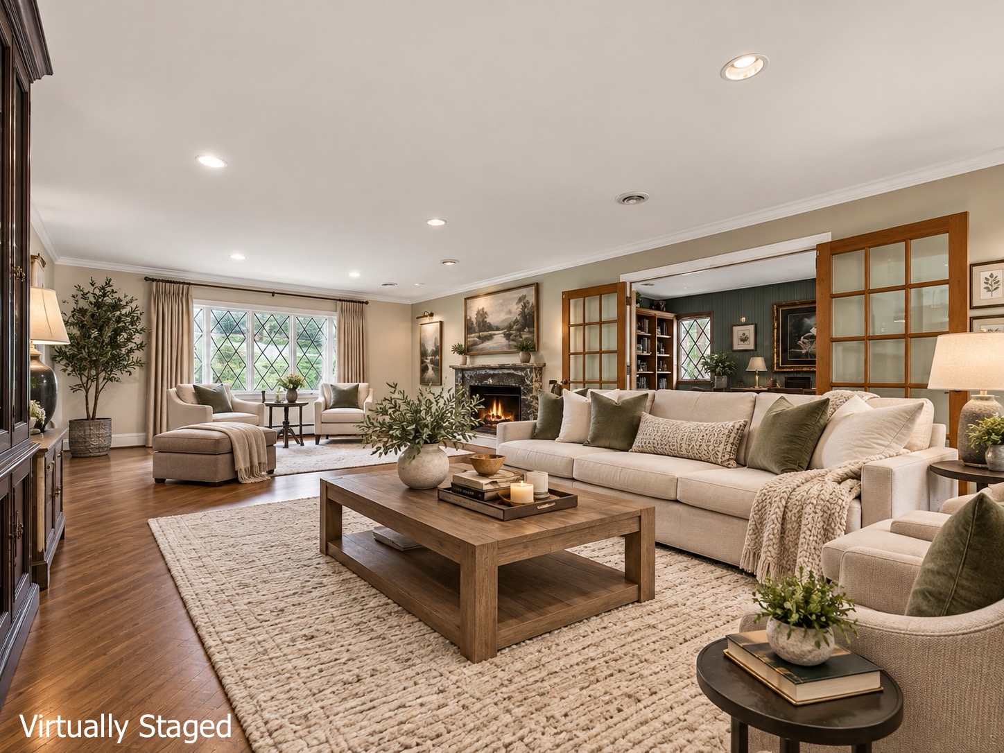 Virtually staged living room with fireplace